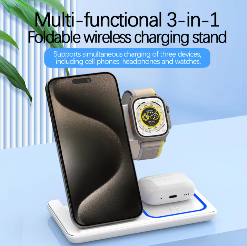 30W LED Fast Wireless Charger Stand 3 in 1 Foldable Charging Station