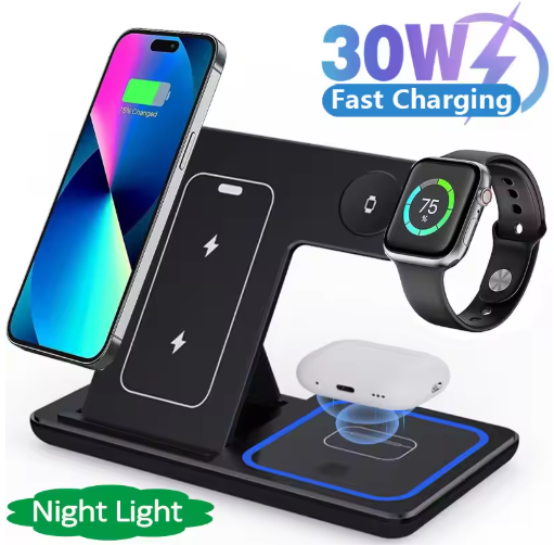 30W LED Fast Wireless Charger Stand 3 in 1 Foldable Charging Station